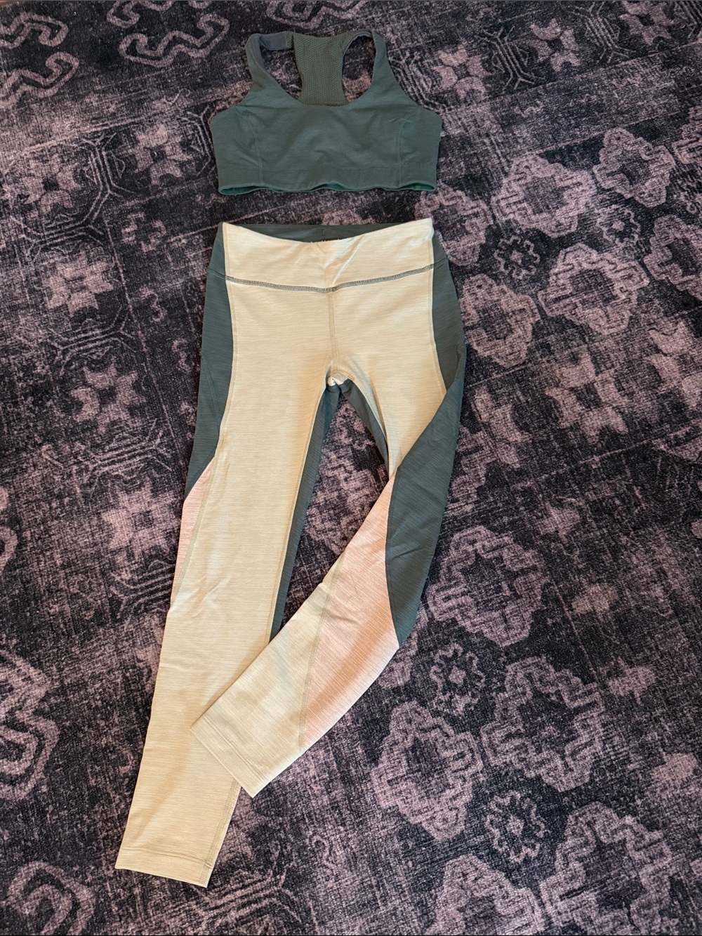 Outdoor Voices Green Sports Bra and Cream/Green Leggings Set